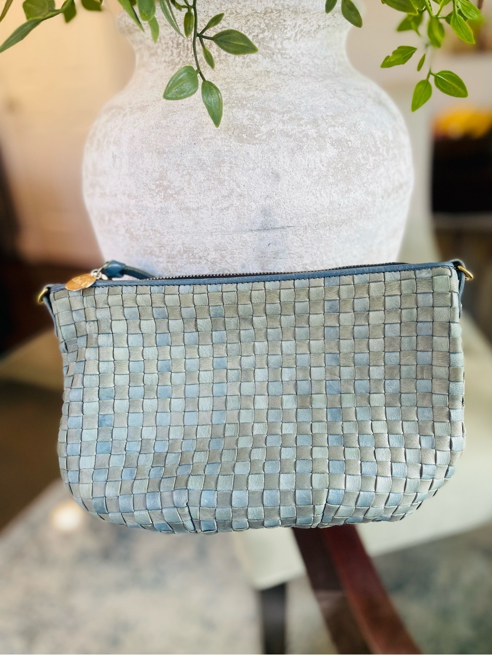 Clare V. Petit Moyen Messenger Bag- Light Blue Woven Checker- No Straps